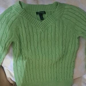 Lauren Ralph Lauren Light Green Cable-Knit V-Neck Sweater